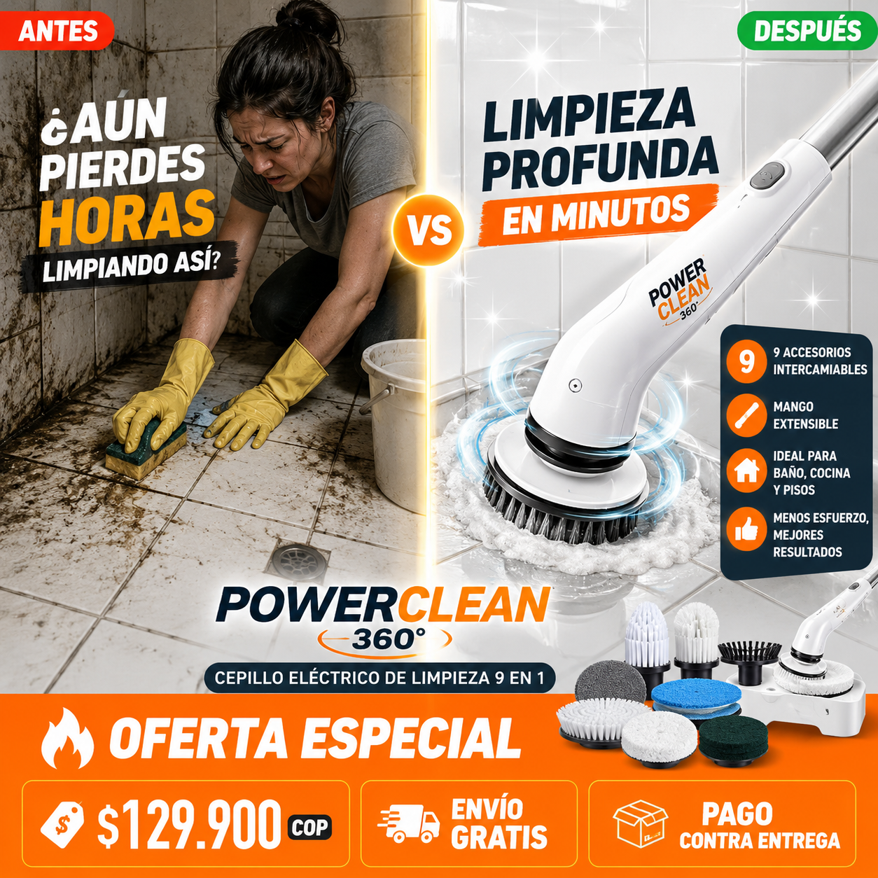 Power Clean 360 Cepillo Eléctrico de Limpieza 9 en 1